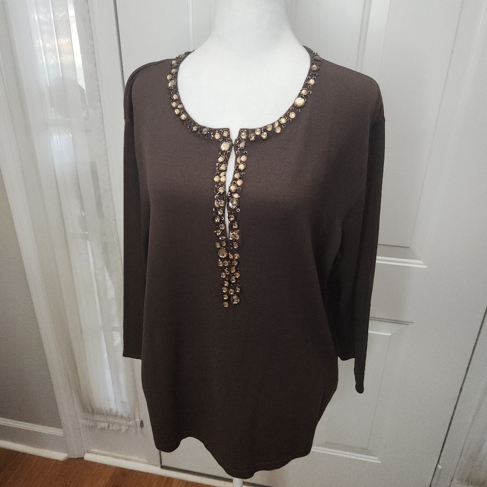 Talbots Woman Brown BeJeweled Top Size 1X Plus